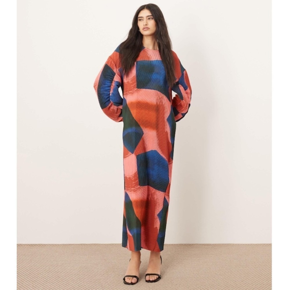 ARRANGE Plisse Maxi Dress Size US 2 Balloon Sleeve‎ Abstract Print Pleated NWT